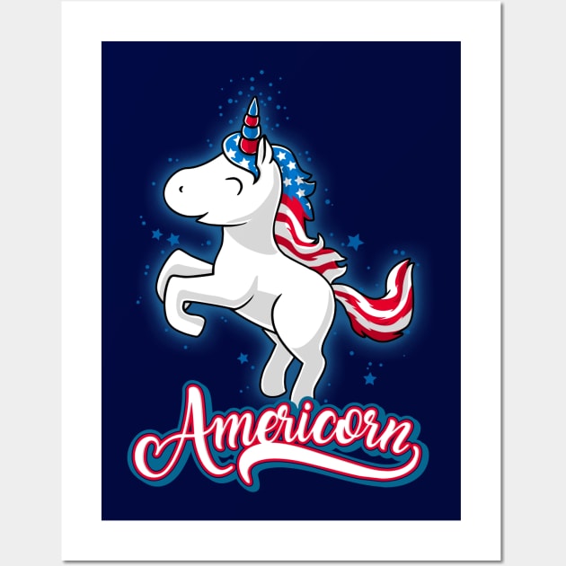 Americorn-Patriotic Proud American Unicorn Kids Wall Art by CheesyB